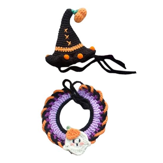 Хэллоуин Домашний питомец Шляпа-тыква Набор ошейника с привидением Регулируемый наряд в готическом стиле для кошек, маленьких собак, вязаные аксессуары для костюма