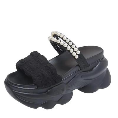 Мода 8см Новые летние женские тапочки с жемчужной отделкой и толстой подошвой, танкетки, шлепанцы, женская платформа, обувь, сандалии