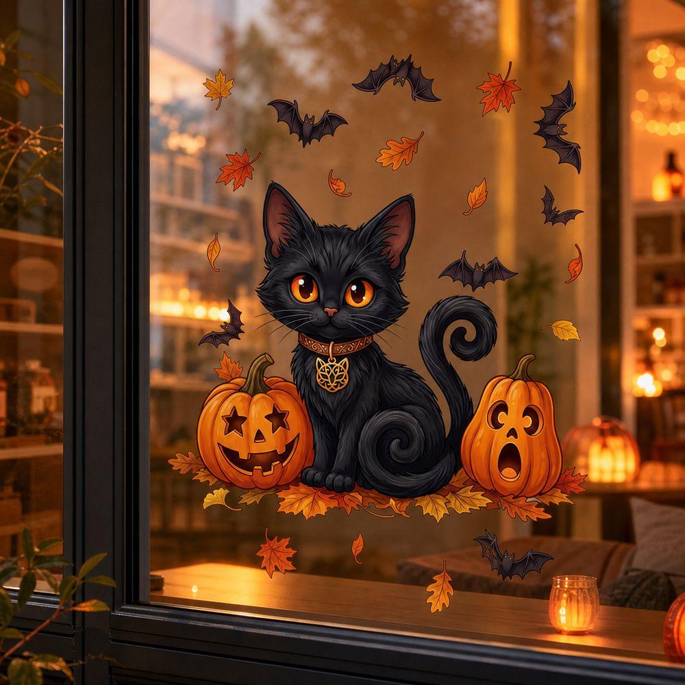 Static Cling Black Cat Window Sticker Removable Window Cling Sticker Halloween Decor