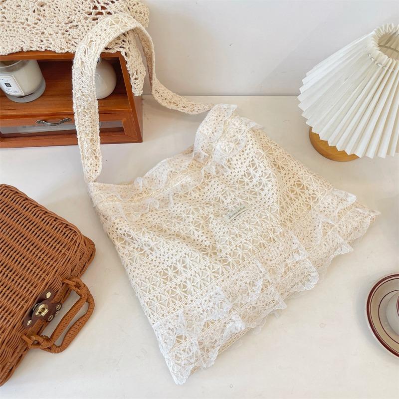 Summer Leisure Vacation Shoulder Bag Fairy Lace Canvas Bag Large Capacity Tote Bag Hollow Beach Bag