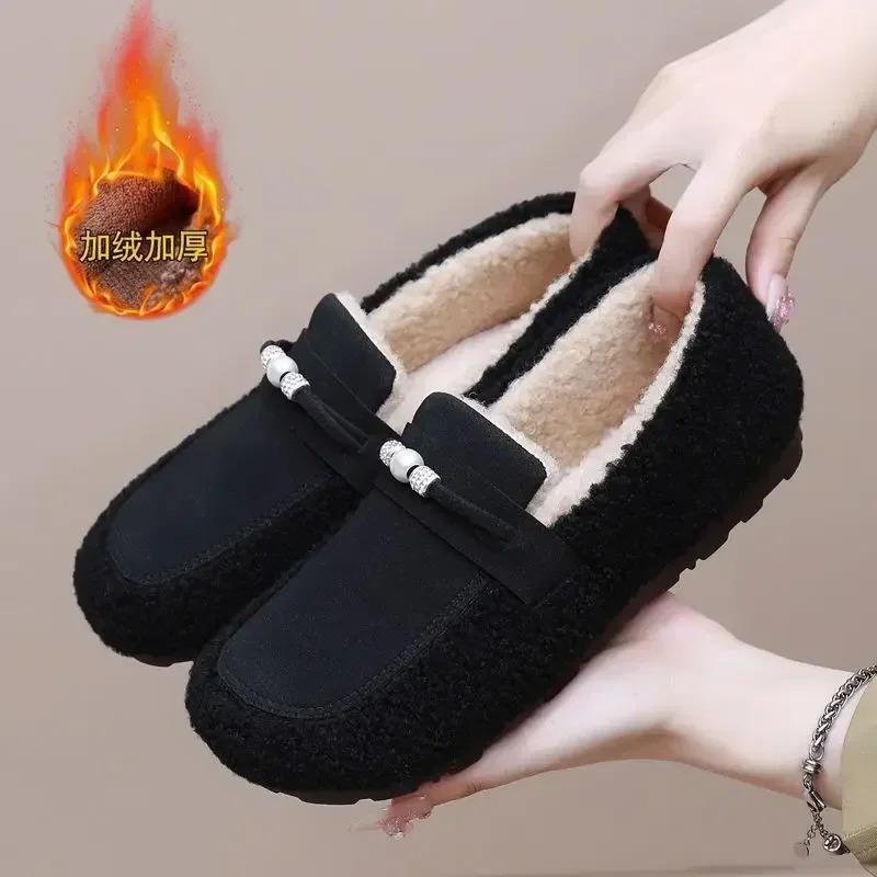Модные хлопковые туфли женские зимние новые плюшевые теплые модные удобные туфли на плоской подошве без застежек для отдыха на мелкой подошве мягкие нескользящие туфли Zapatos De Mujer