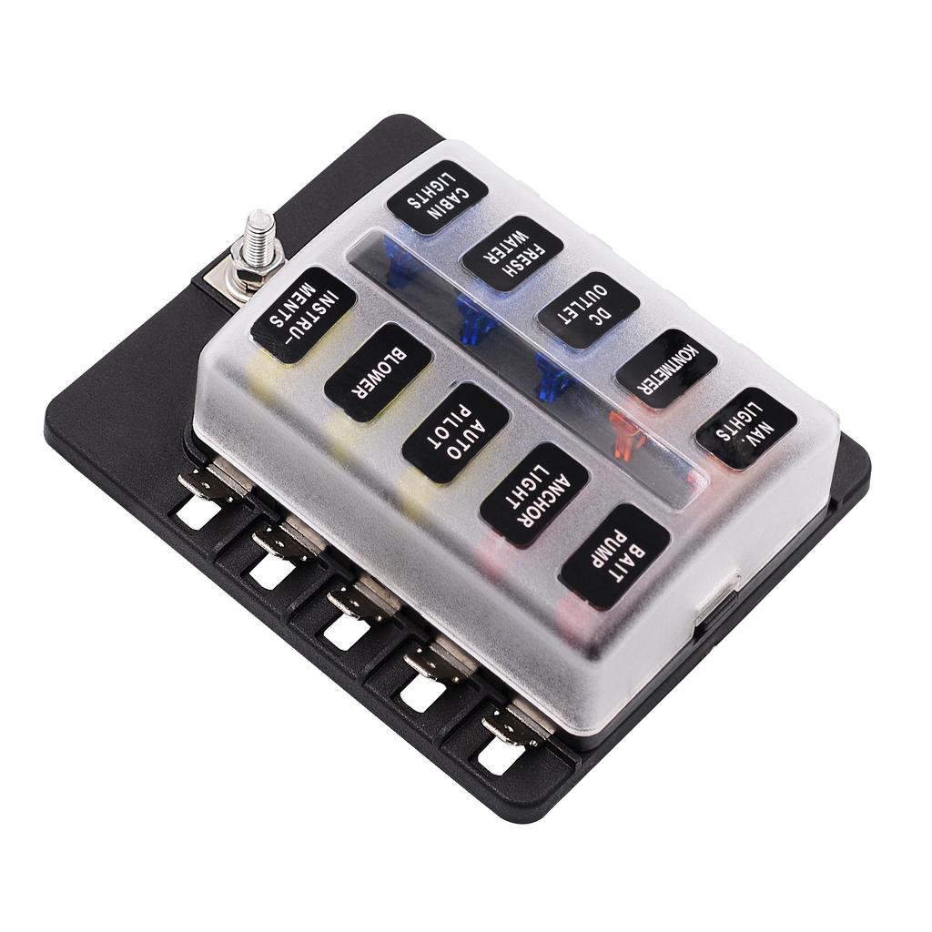 PC Terminal Block Type, 1 In 10 Out Fuse Boxes for Cars, RVs, and Ships, with LED Lights, 12-32V