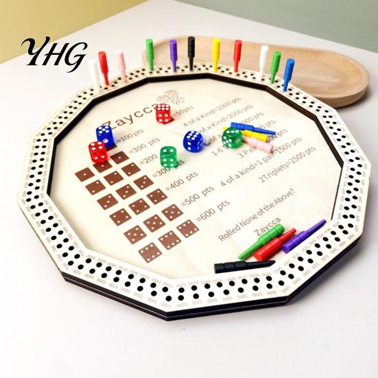 Dice Board Game Wooden Farkle Tray, with 6 Dice, 8 Colorful Pegs, Multi-player Interactive Scoreboard Game, Classic Tabletop for Travel Family