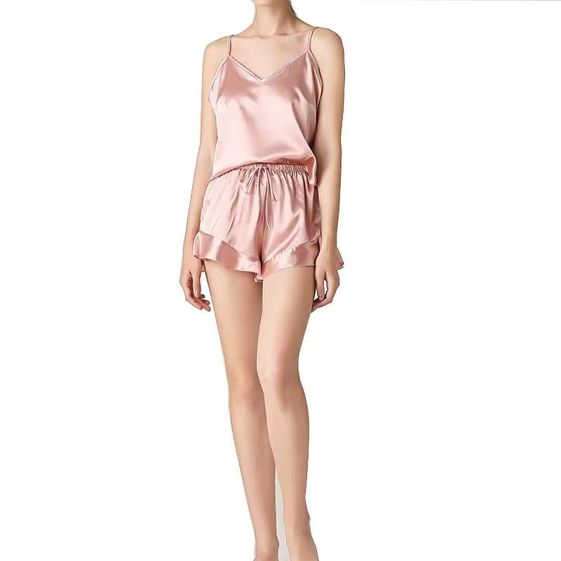 Летняя ночная рубашка из искусственного шелка, женская сексуальная шелковая атласная пижама с оборками, шорты для сна, домашний костюм