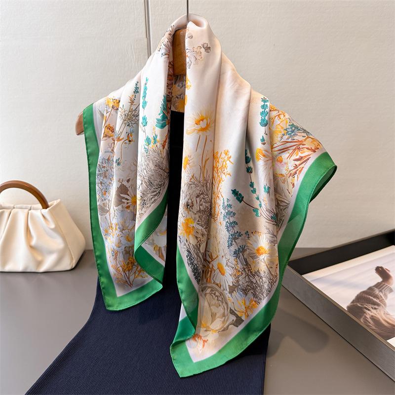 Luxury Floral 70cm Square Scarves Women's Silk Scarf Spring and Summer Bandana Small Neckties Hairbands Foulard Shawl