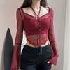 Sexy Halter T-shirts Women Clothes Hot Female Crop Tops Korean Fashion Ladies Streetwear See Through Long Sleeve Tees Pure Basic