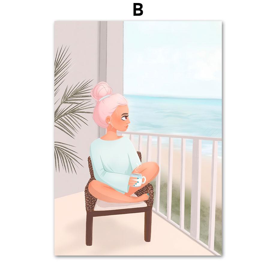 Поза дерева для йоги, скандинавский постер, Мальдивы, шляпа от солнца для серфинга, пляжная девушка, настенная живопись, холст, картина, домашний декор, фотографии для гостиной