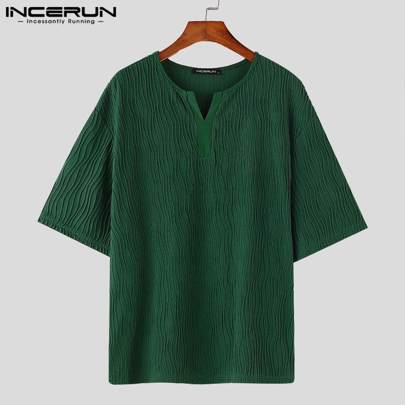 INCERUN Мужские текстурные футболки с коротким рукавом, повседневные полосатые топы