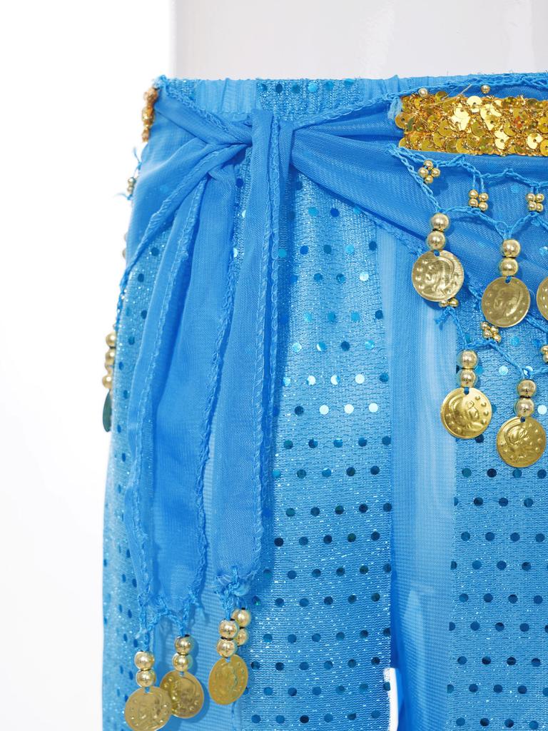 Kids Girls Belly Dance Performance Pants Sequined Dots Chiffon Trousers Bloomers with Tassels Waist Chain Hip Scarf