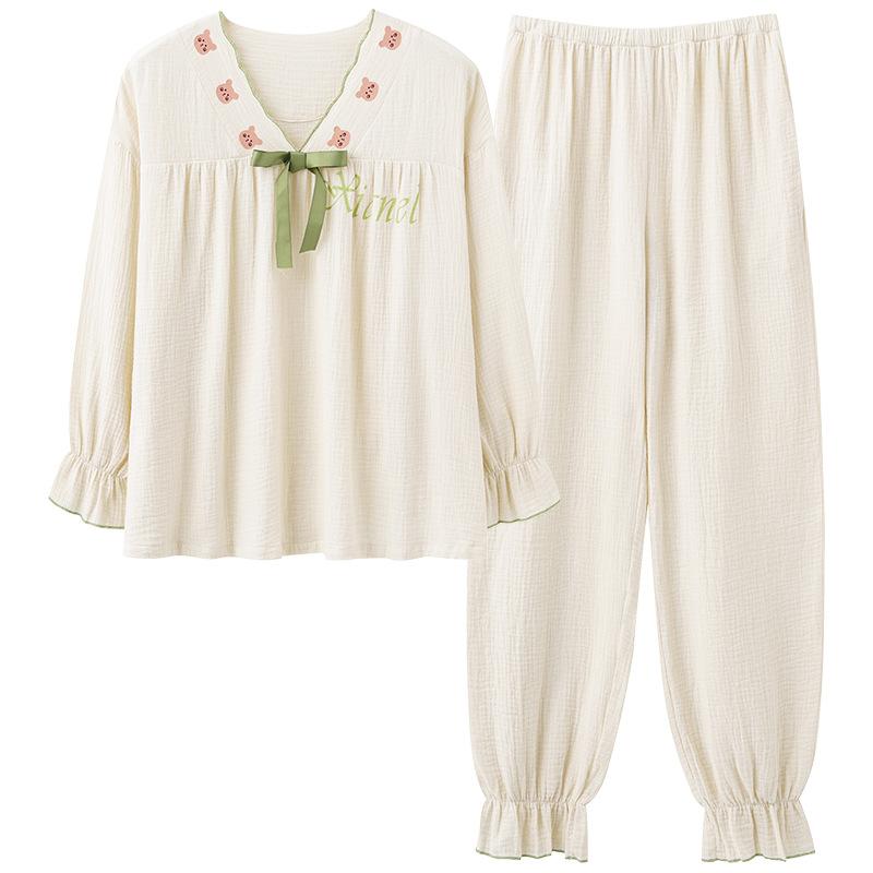 Хлопковые пижамы для женщин с принтом, корейская милая повседневная одежда для сна для девочек с v-образным вырезом и длинными рукавами, кавайная осенне-зимняя одежда для сна, шикарная трендовая одежда