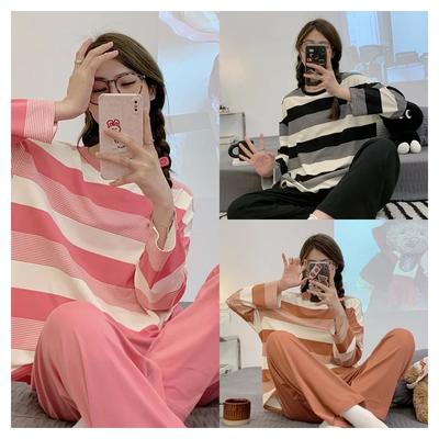 Женская пижама весна осень из двух предметов с длинными рукавами и брюками, полосатая свободная домашняя одежда для девочек с круглым вырезом, повседневная, милая, мягкая