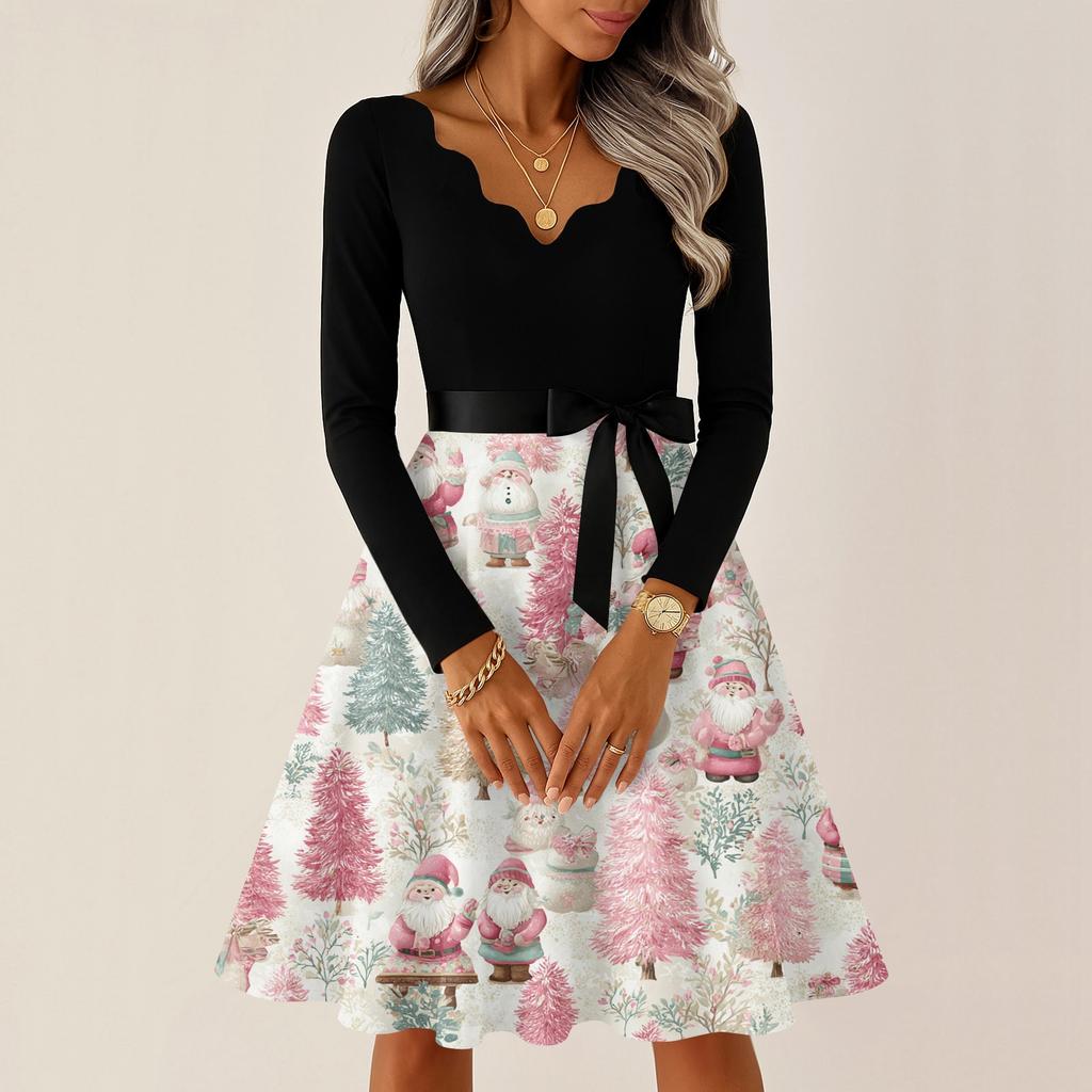 Women's Casual Fashion V-neck Long Sleeved Retro Christmas Print Retro Dress
