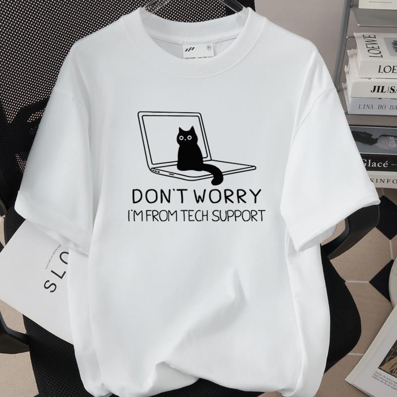 Tech Cat Short Sleeve Tshirt Black American English Cartoon Pattern Cat Casual Top Daily Versatile Commuter Home Clothes
