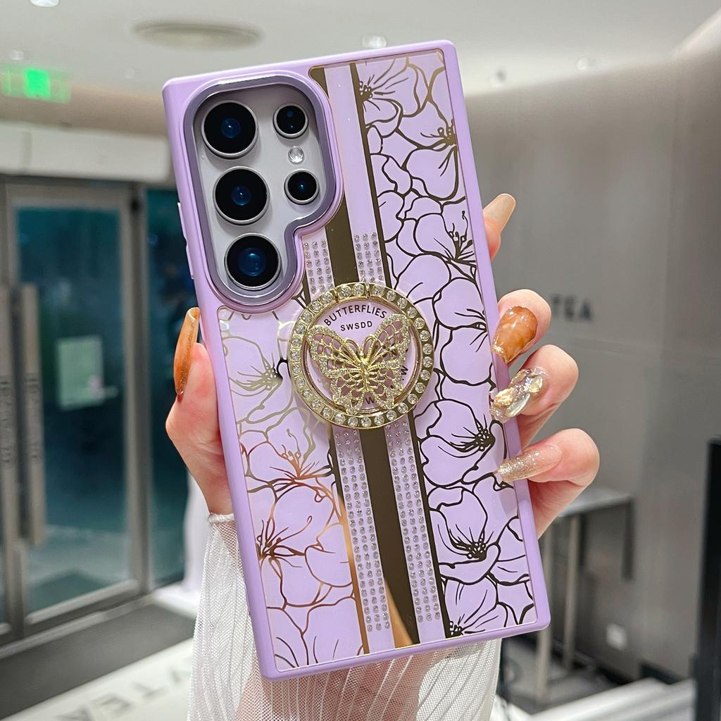 For Samsung Galaxy S25 Ultra Case Flower Pattern TPU+PC Phone Back Cover with Butterfly Kickstand