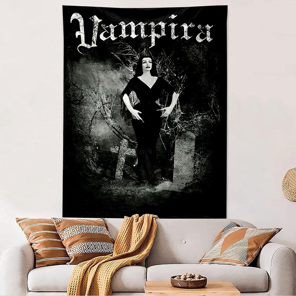 Vampira Horror Character Art Tapestry Wall Hanging, Vintage Gothic Woman Poster, Spooky Wall Decor for Bedroom Living Room Dorm