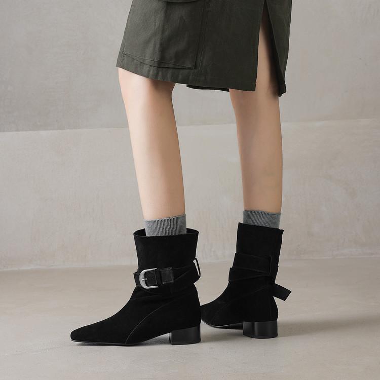 Fashion New Autumn/winter Cow Suede Women Boot Square Toe Shoes for Women Fashion Boots Low Heels Buckle Work Boots Western Boots