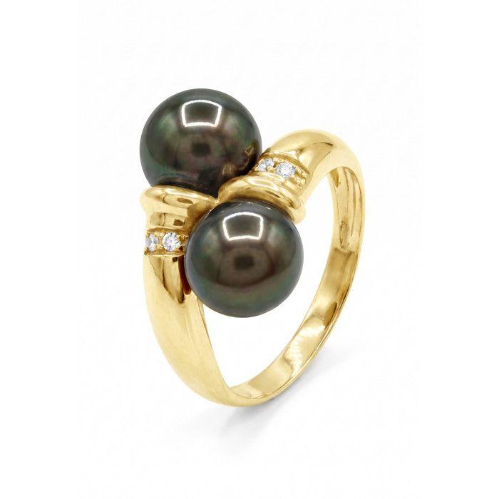 Bague - Pearls & Colors - Toi & Moi - Perle de Culture de Tahiti 8-9 mm Rondes - Or Jaune 375/1000 - Qualité A+ - Diamant - Femme