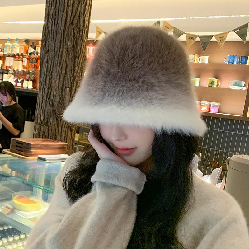 Fisherman Hat Women's Autumn and Winter Warm and Fashionable Gradient Color Rabbit Fur Basin Hat Showing Face Small Plush Bucket Hat