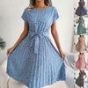 New Casual Short Sleeve Women's Floral Dresses Swing Pleated Skirt Fashion Loose Skirt