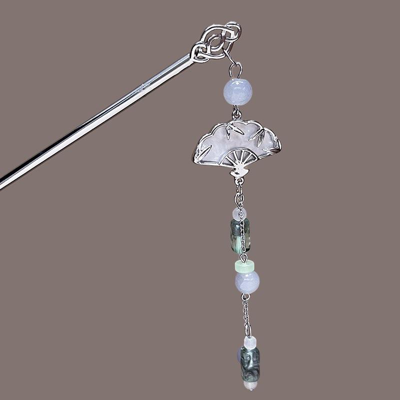 Fashion Metal Jewelry Hairpin For Women Ink Wash Style Folding Fan Erhu Butterfly Tassel Hair Stick Girls Trendy Hair Accessory