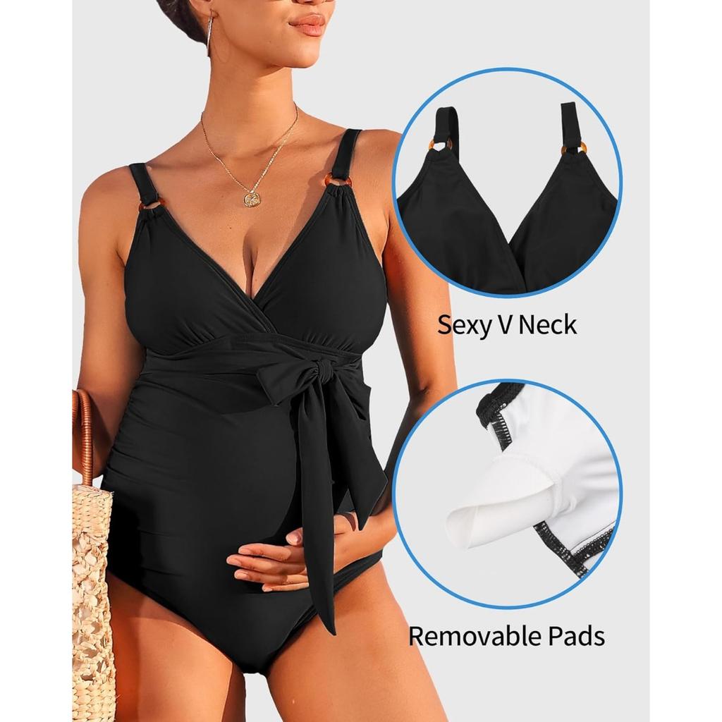 CHARMLEAKS Купальник для беременных Цельный купальный костюм с V-образным вырезом для беременных с завязками спереди и рюшами Купальники