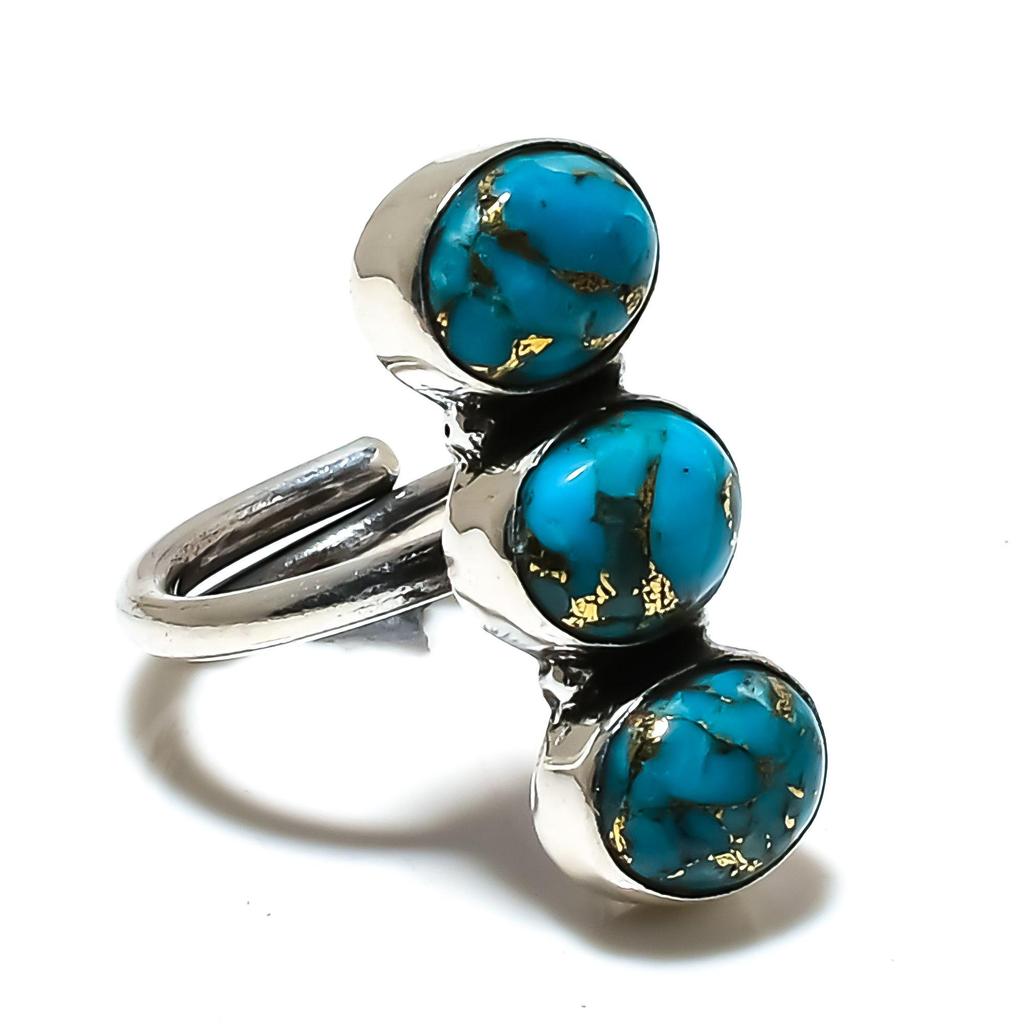 Кольцо из серебра 925 пробы с голубой медью и бирюзой, регулируемое — подходит для размеров США от 6 до 10 — украшения ручной работы в стиле бохо для женщин и мужчин, подарки на День святого Валентина