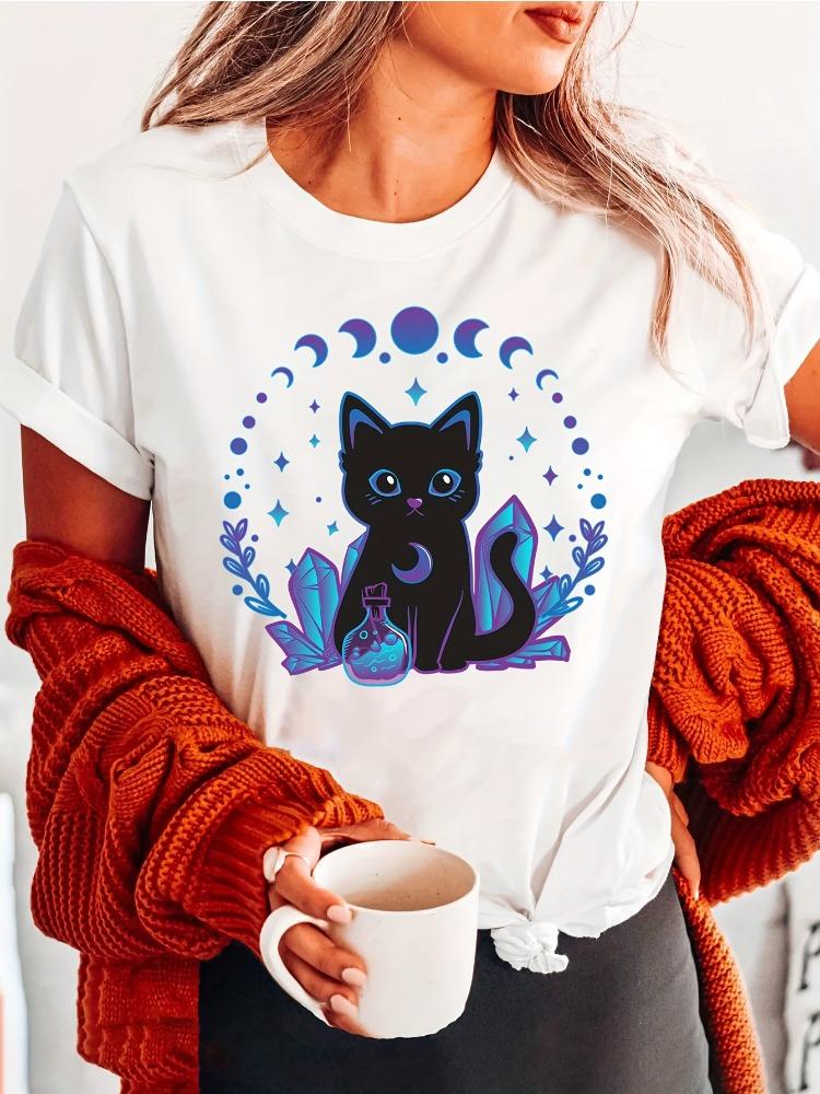 Cute Crystal Black Cat Fashion Cotton Letter Print TShirt Women ShortSleeve Crew Neck Casual Top SpringSummerFall Seasonal Top