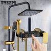 Black Golden 4-Button Shower Set, Home Copper Bathroom Faucet with Handheld Showerhead, Wall-Mounted Shower System with Dual Showerheads