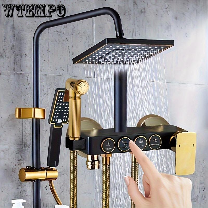 Black Golden 4-Button Shower Set, Home Copper Bathroom Faucet with Handheld Showerhead, Wall-Mounted Shower System with Dual Showerheads