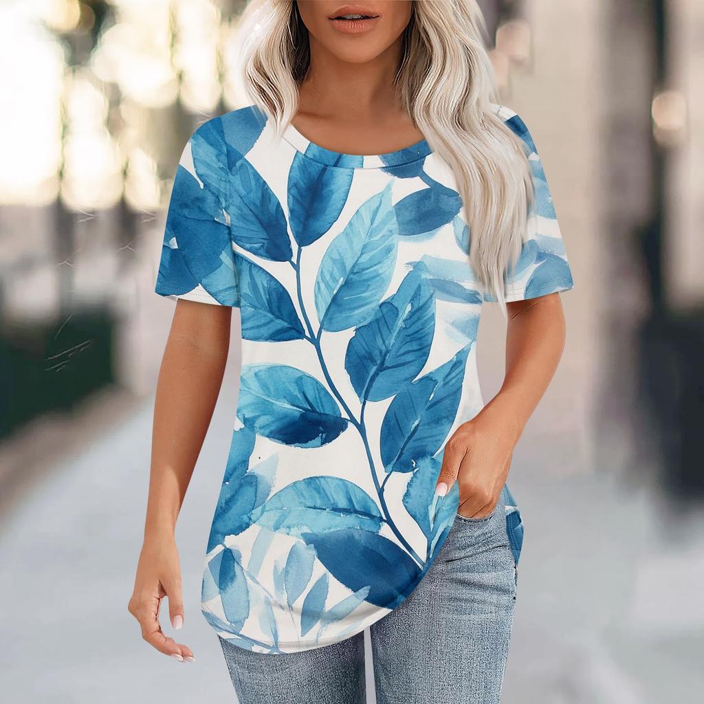 Women's Fashion Casual Floral Print Round Neck Short Sleeve T-Shirt Top