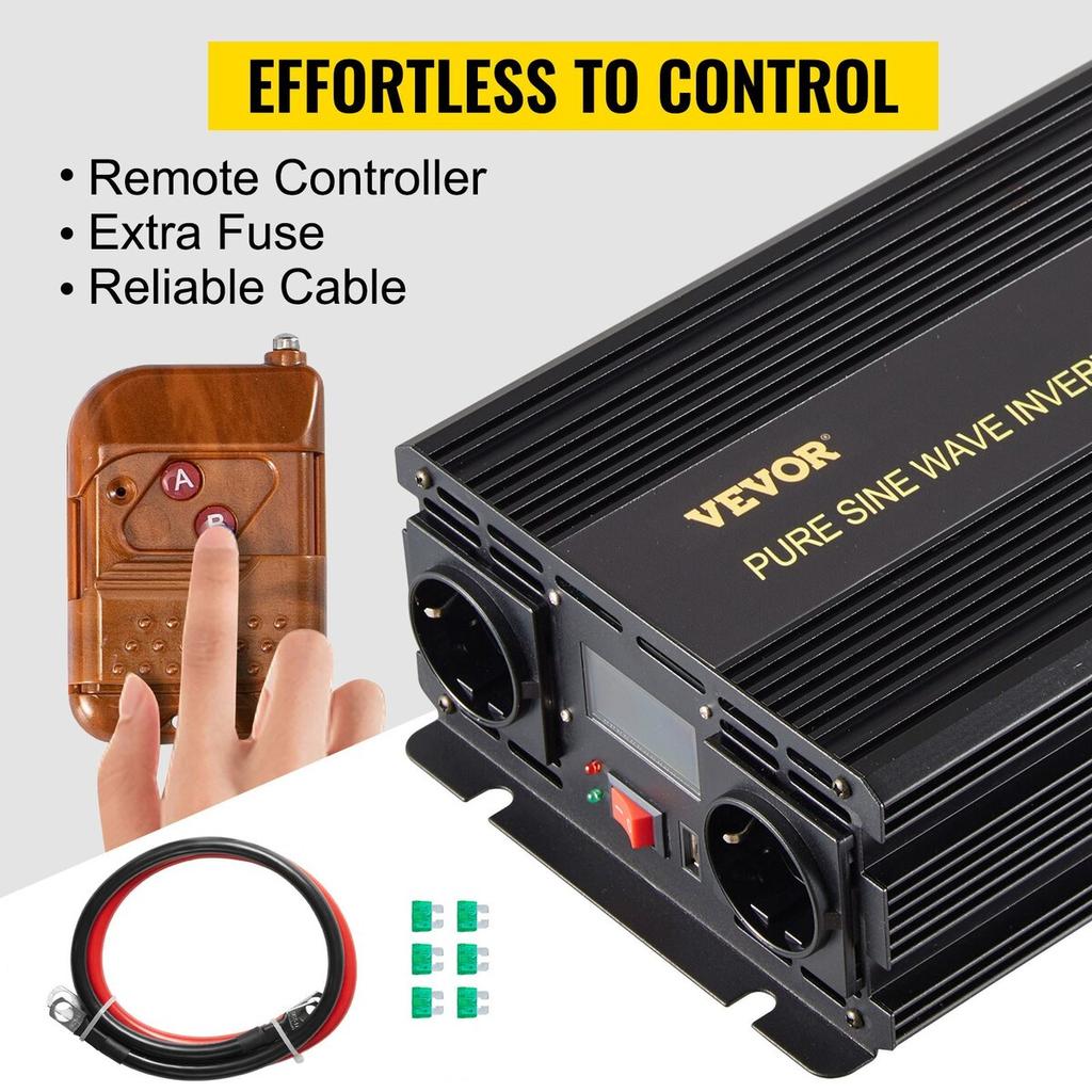 Инвертор чистой синусоиды 2500 Вт, Автомобильный инвертор DC 12V AC 230V, Порт USB, ЖК-дисплей, Пульт дистанционного управления, Защитные функции, Преобразователь мощности