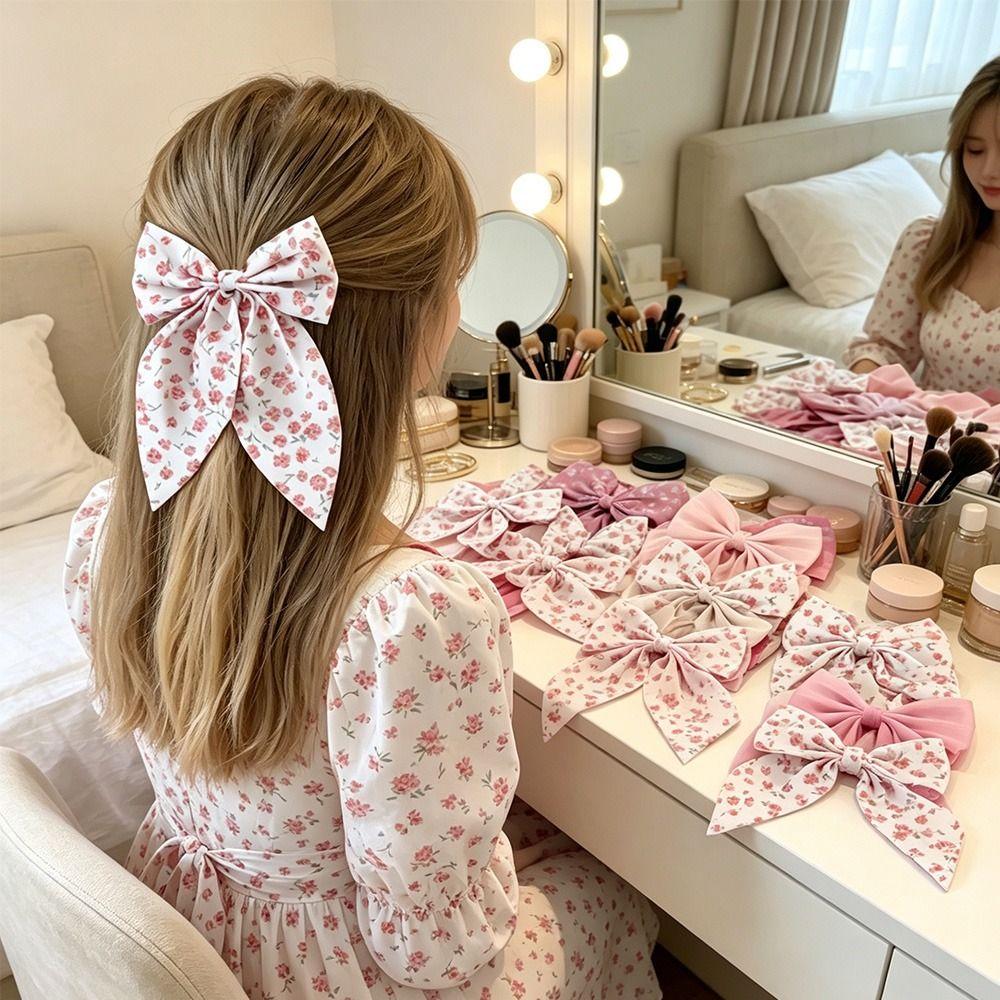 8Pcs Ribbon Tail Floral Print Bow Hair Clips Fabric Ribbon Spring Clips Daily Wear
