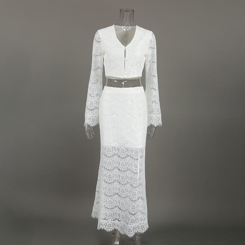 Womens Lace 2-Piece Set V-Neck Long Sleeve Top A-Line Skirt 2026 Fall Elegant Casual Outfit