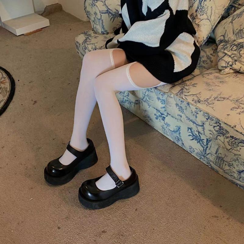 Женские белые сексуальные чулки с поясом-подвязкой, колготки с широкой резинкой, чулки до бедра в стиле Лолита с подвязками, носки выше колена