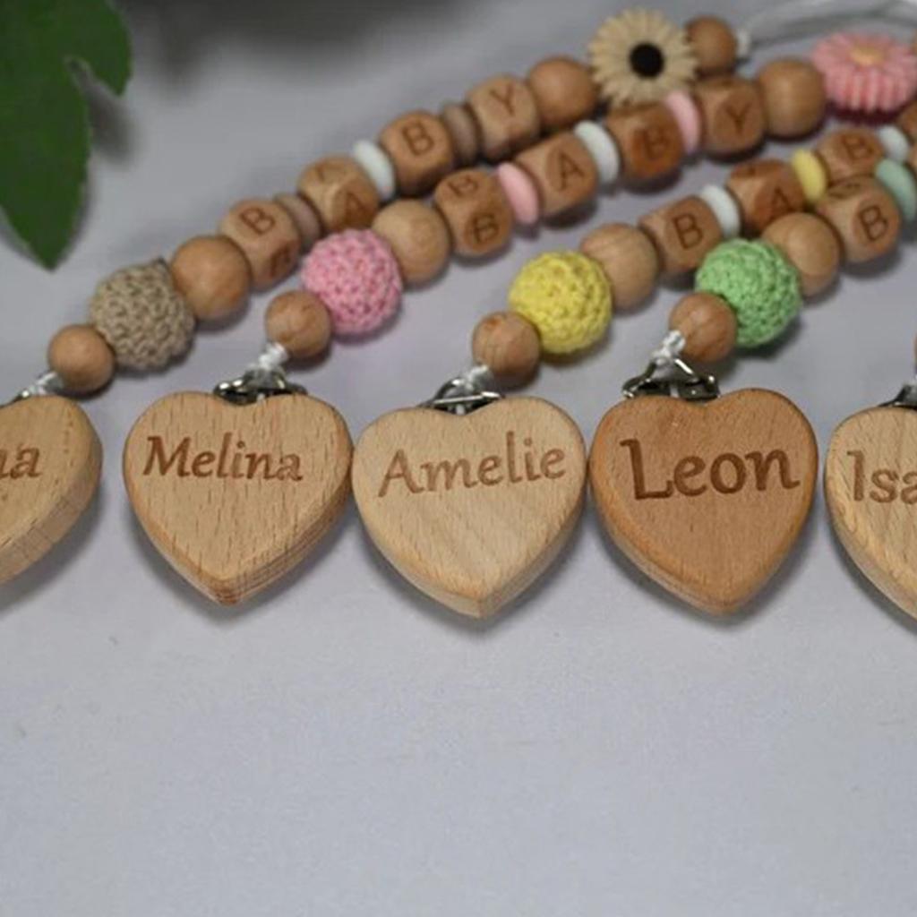 Персонализированная гравировка на зажиме для детской соски, цепочка для детской соски, зажим для персикового дерева из бука, цепочка для прорезывания зубов