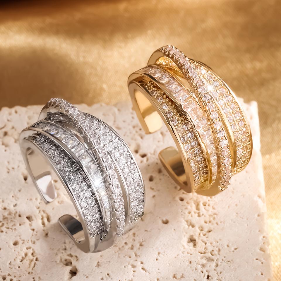 Htpwe Copper Metal Inlaid Zirconium Multi-layer Star Ring Opening Ring Women's Plated 18k Gold Couple Holiday Gift Ring Zircon