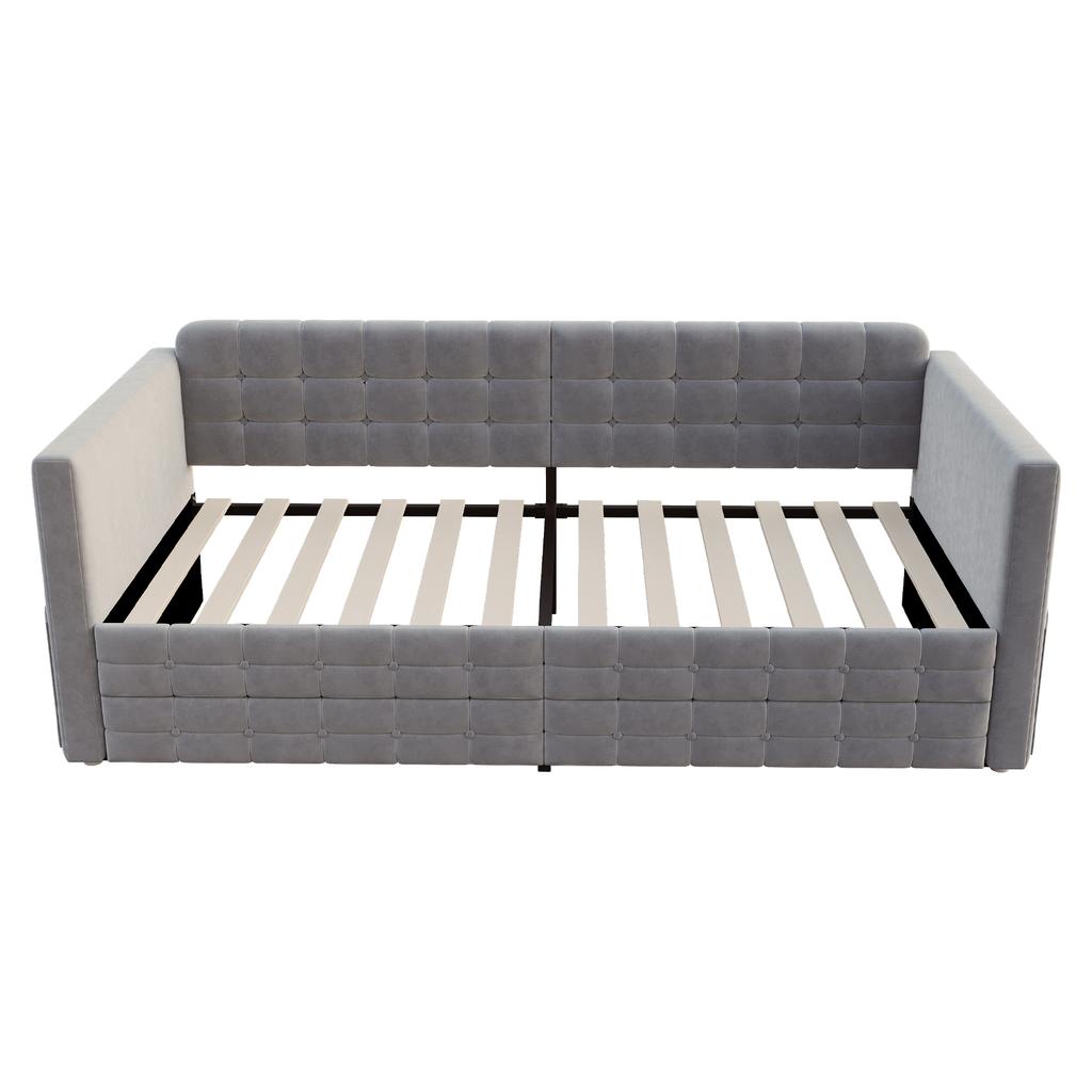 Upholstered Sofa Bed 90x190, Checkered Pattern, Storage Compartments on the Sides, Two Drawers under the Bed, Guest or Single Bed, Velvet, Grey