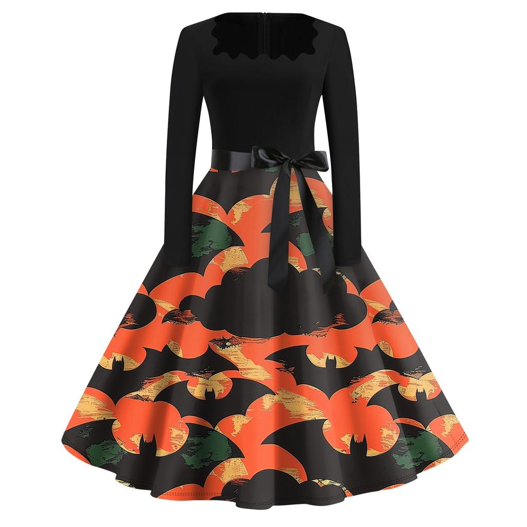 Платье с расклешенным принтом на Хэллоуин для женщин, платье с длинным рукавом, полые вечерние повседневные платья