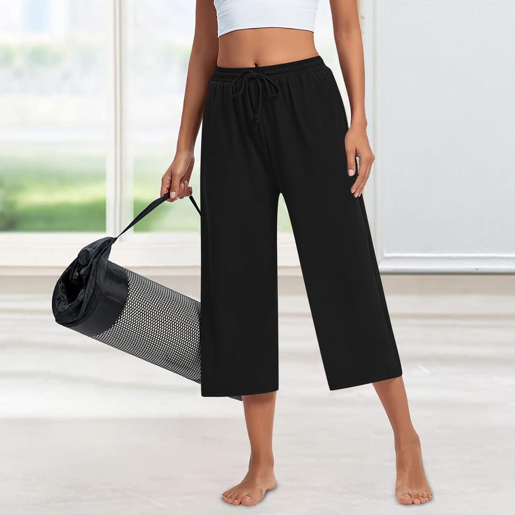 Женские свободные укороченные брюки, широкие брюки для йоги на шнурке, удобные брюки с карманами