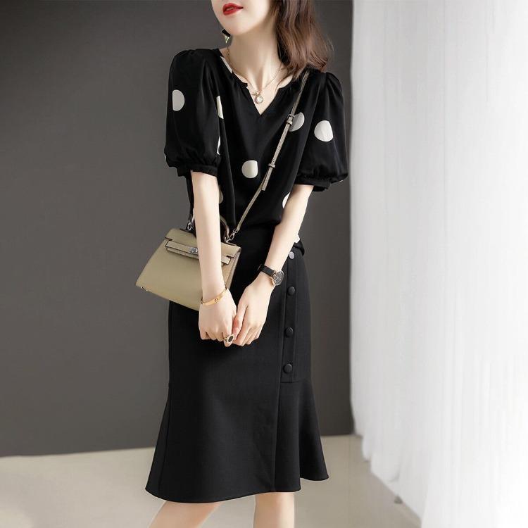 Модная свободная рубашка с короткими рукавами в горошек для женщин