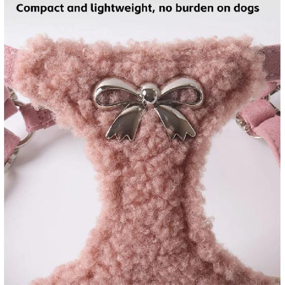 Cozy Faux Shearling Dog Harness Leash Set with Metal Bow - Adjustable Soft Vest for Small Dogs, Winter Pet Harness Vest