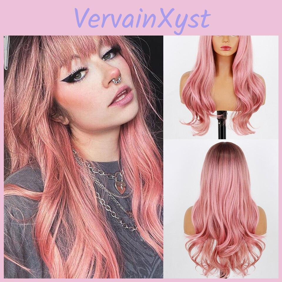 Black Xinran Gradient Pink Long Wave Wig With Bangs Natural Female Wig Synthetic Hair High Temperature Fiber Daily Role Playing