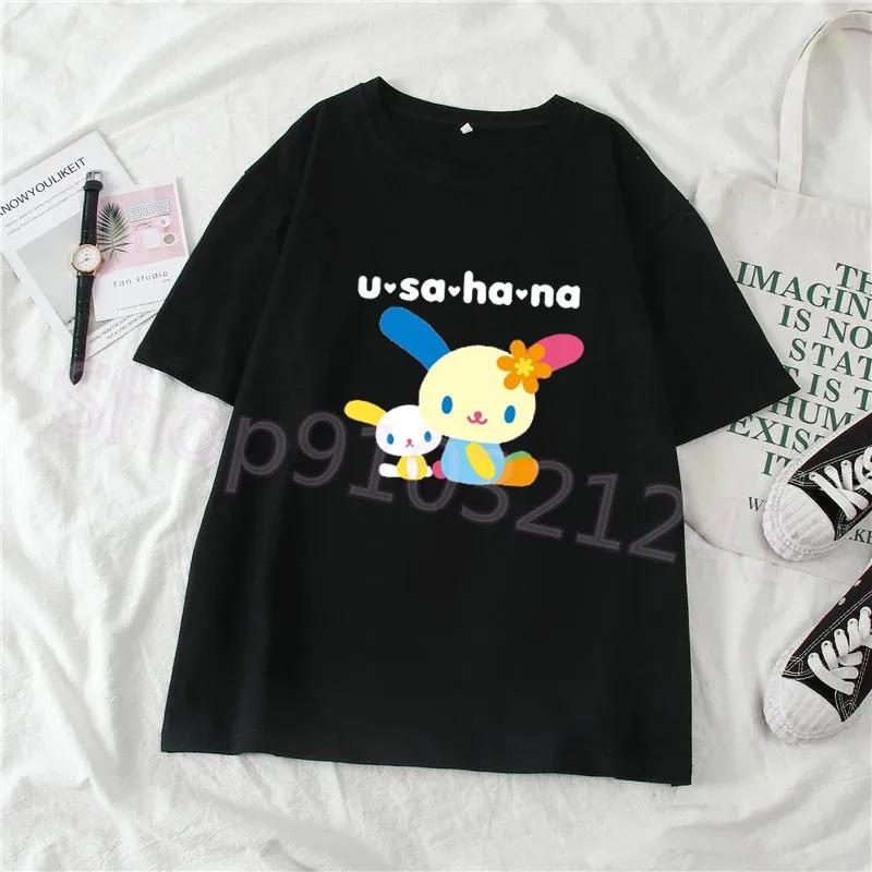 Usahana Bunny Cartoon Graphic Cotton T-Shirt for Women Harajuku Kawaii Style Cute Funny Print Casual Short Sleeve Round Neck Top