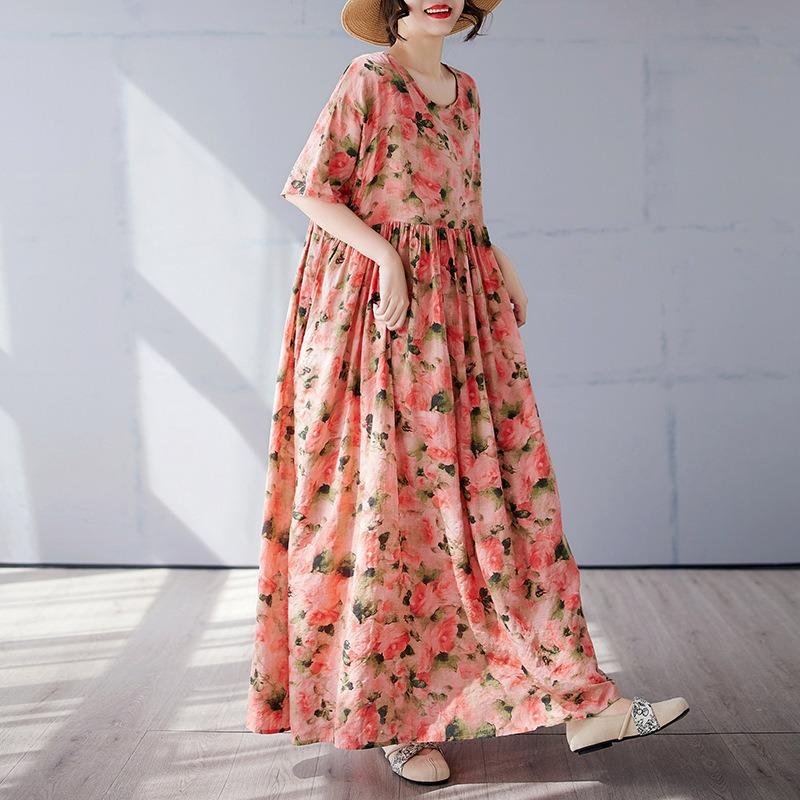 Простое богемное длинное платье лето новое полнящее плюс короткий рукав круглый вырез платье с принтом женская одежда