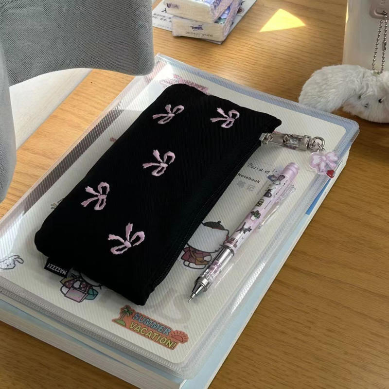 Ins Style Simple Black Bow Pencil Case Large Capacity Pencil Storage Bag Cosmetic Bag Stationery Organizer School Supplies