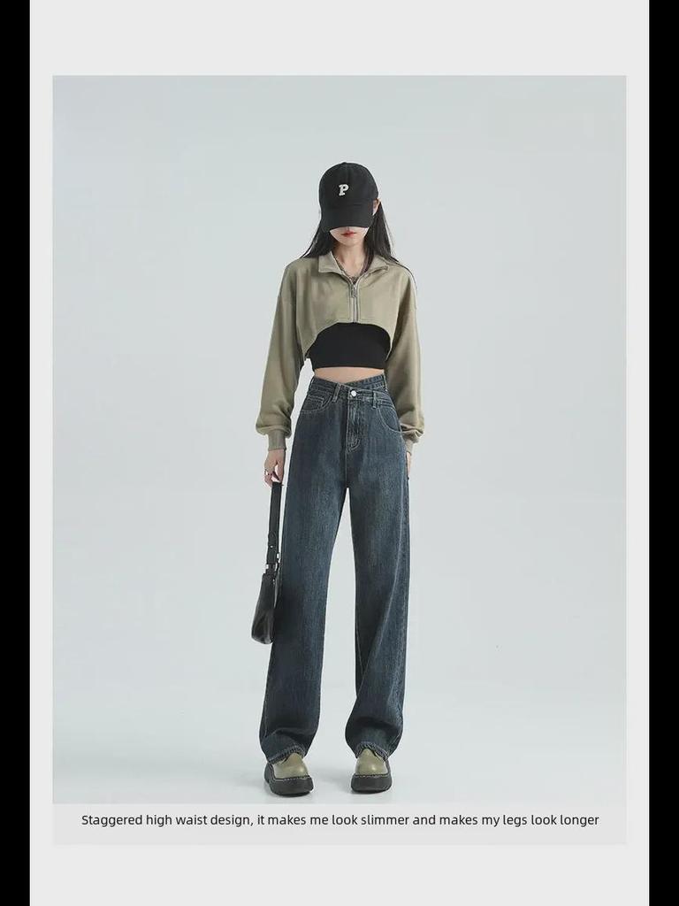 Женские джинсы широкого кроя сине-серого цвета с высокой талией, маленького размера, длиной до пола, с нестандартной косой пряжкой, идеально подходят для весны и осени.