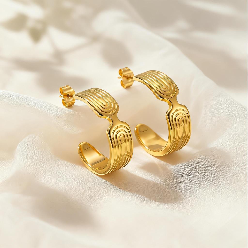 Stainless Steel C-shaped Irregular Texture Earrings for Women Geometric Stripe Metal Stud Earrings Gold Plated Statement Jewelry