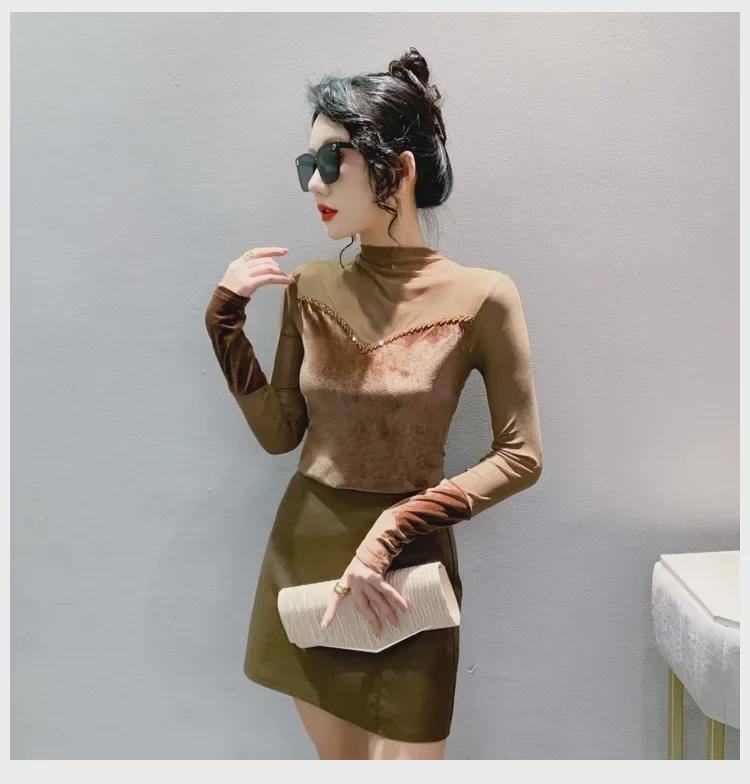 Осенняя приталенная футболка с бисерной лоскутной отделкой, полувысоким воротником и длинными рукавами для женщин