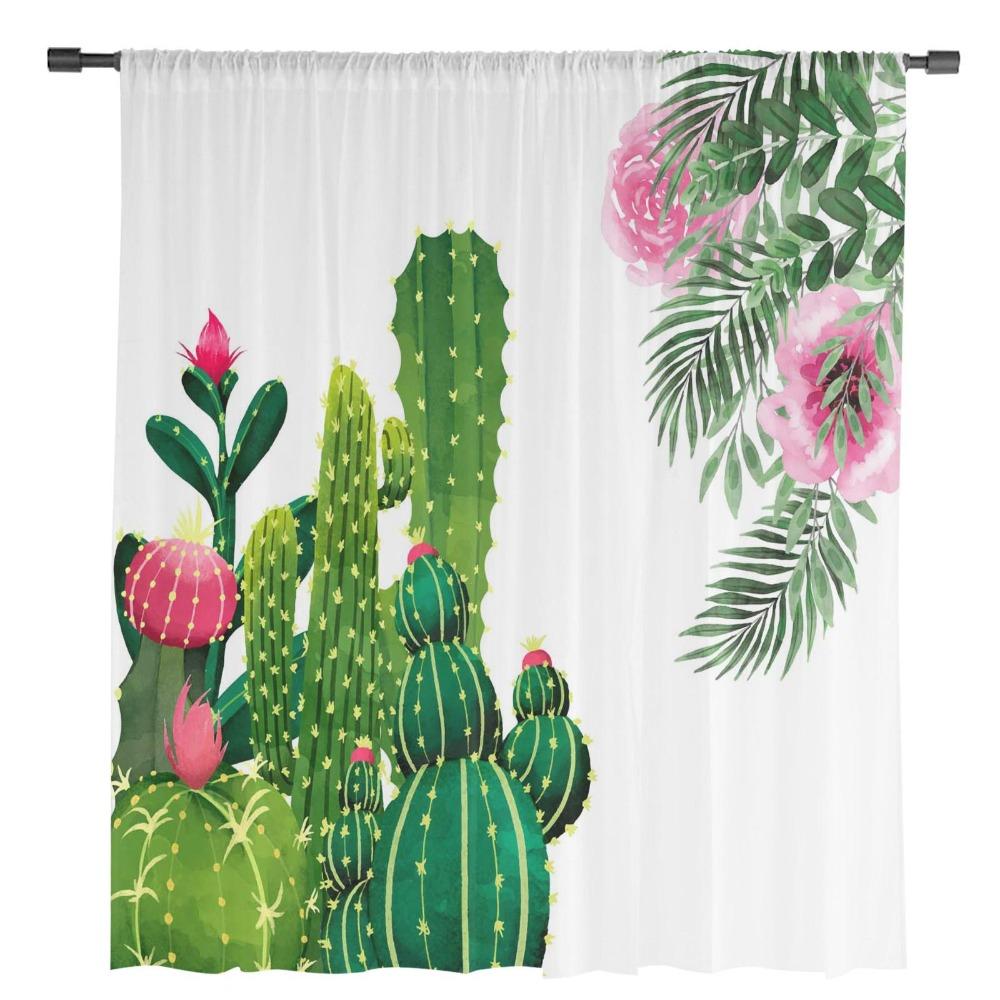 Cactus Tropical Flower Leaves Sheer Curtains for Living Room Decoration Window Curtains for Kitchen Tulle Voile Organza Curtains
