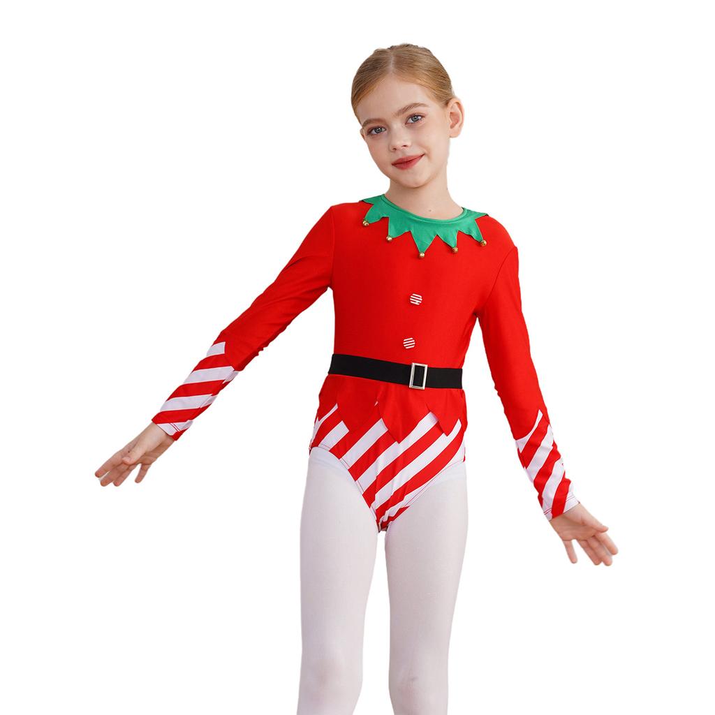 Kids Dance Leotard Christmas Costume Long Sleeve Stripes Brass Bells Belt Athletic Wear